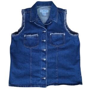 L.A. Blues Gingham Ruffle Trim Denim Vest Size 14/16W Blue Cottagecore Festival